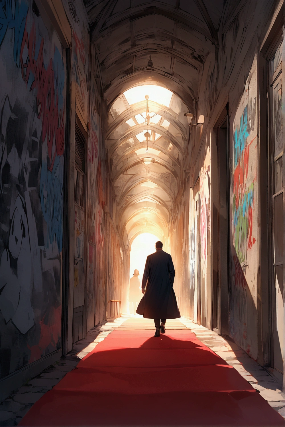 Two men of average build, Non-hip-hop dress, Walk the red carpet, There are many people taking pictures in the back, The word "CALLING" is written on it in graffiti style, The letters MY are written in graffiti style in the middle, There is graffiti-style text at the bottom, The image of the man must be superimposed on the letters
