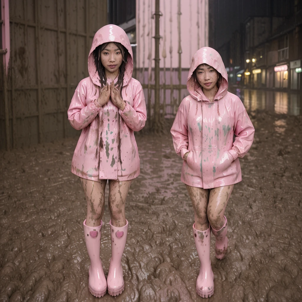asian lady, cute pose, ((long pink buttoned up raincoat)), ((wearing raincoat hood)), (((tall pink rain boots))), ((((muddy splatters)))), ((mud dripping down raincoat)), (((rainy night city street))), intricate details, highly detailed, masterpiece, 8k, photorealistic, cinematic lighting, vibrant colors, soft focus, elegant, feminine, beautiful, serene, graceful