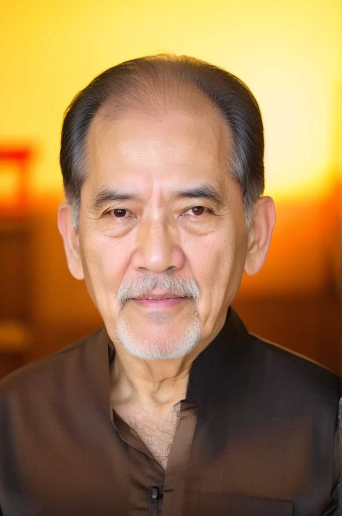 RAW photo of an 80 year old man, wearing a black ao dai, Asian, short black hair, long white beard, long white mustache, real face, real skin, (photorealistic:1.4), (high Detail soft skin :1.2 ), 8k uhd, dslr, Soft light, high quality, film grain, Fujifilm XT