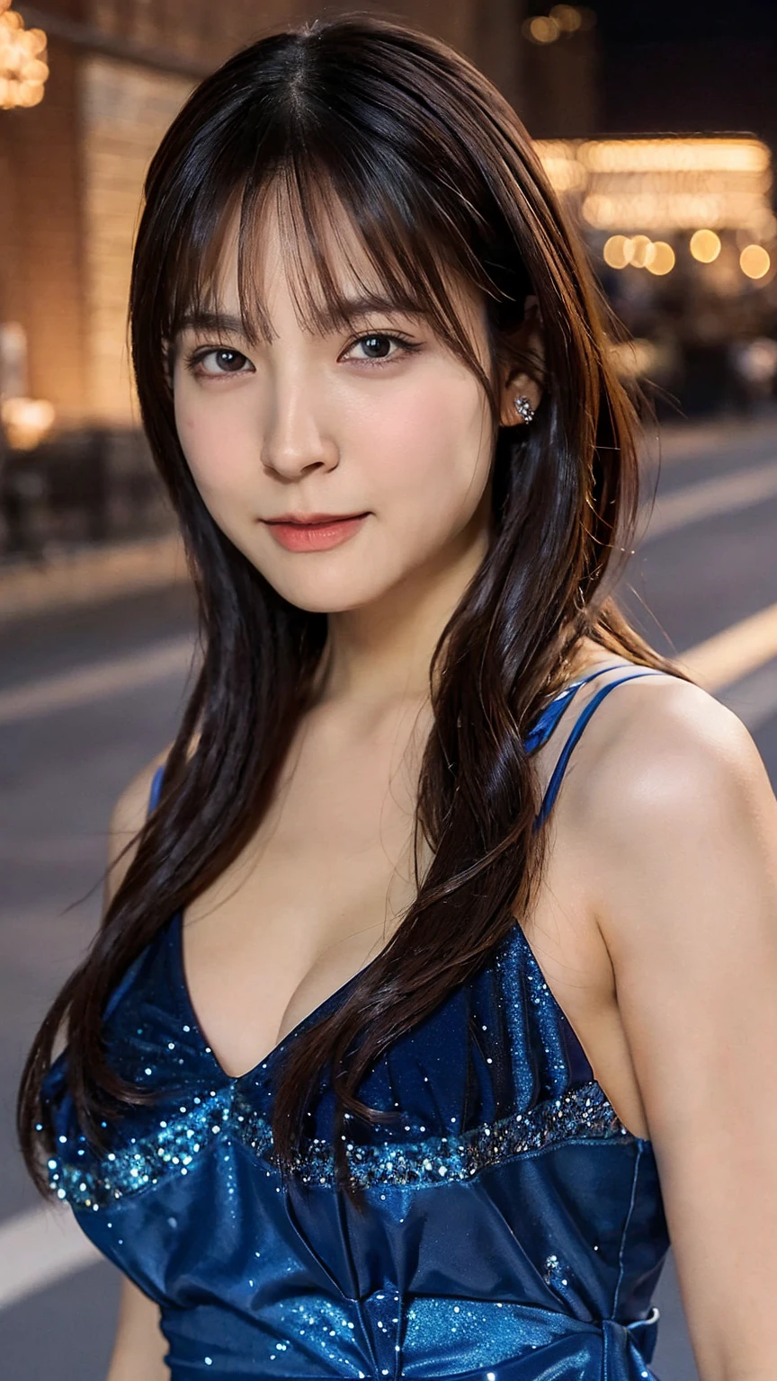 1girl,(wearing a blue glittery evening dress:1.2),(RAW photo, best quality), (realistic, photo-realistic:1.4), masterpiece, an extremely delicate and beautiful, extremely detailed, 2k wallpaper, Amazing, finely detail, extremely detailed CG unity 8k wallpaper, ultra-detailed, highres, soft light, beautiful detailed girl, extremely detailed eyes and face, beautiful detailed nose, beautiful detailed eyes,cinematic lighting,city lights at night,perfect anatomy,slender body,close up,(long hair with bangs)