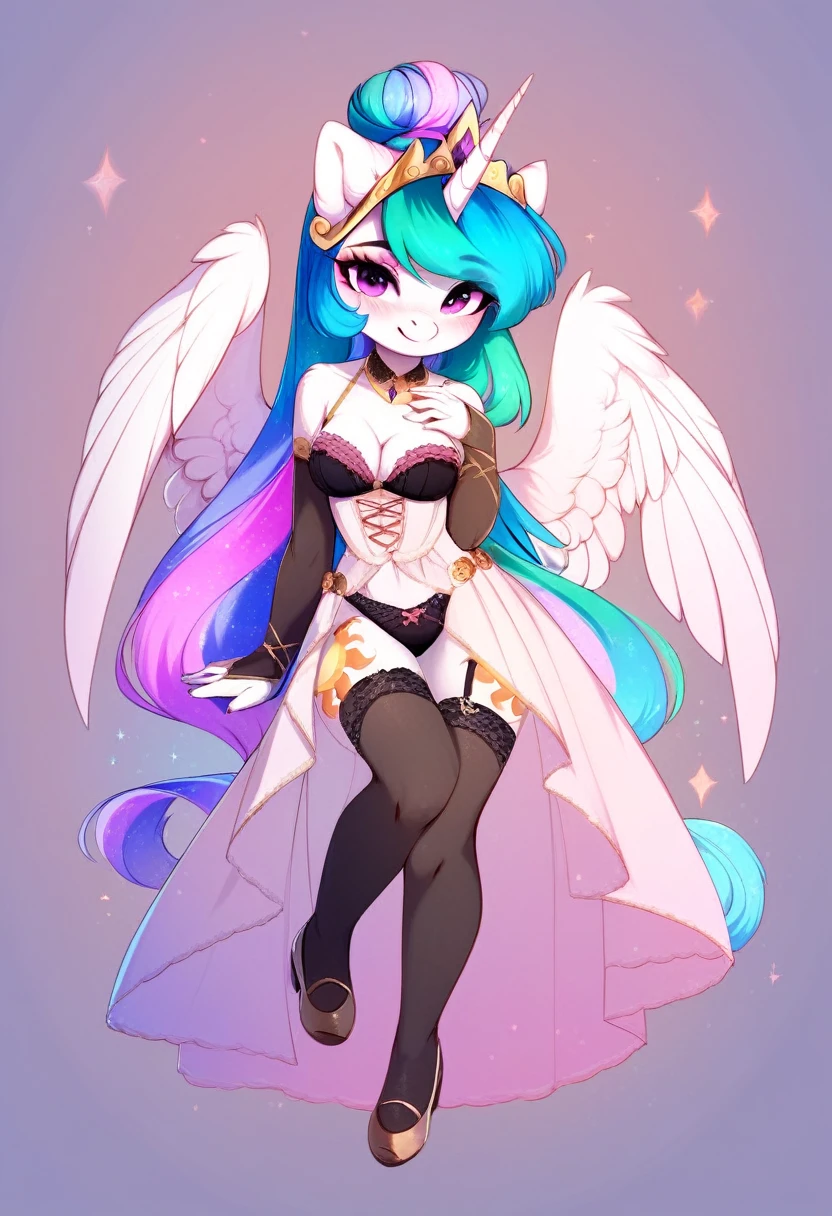 check_9, check_8_up, check_7_up, source_fluffy, rating_safe, from Magnaluna, Celestia poses seductively in a white bedroom, hair bun with bangs, pink eyes, white body, anthro, blushing, wearing goldern lingerie, full body
