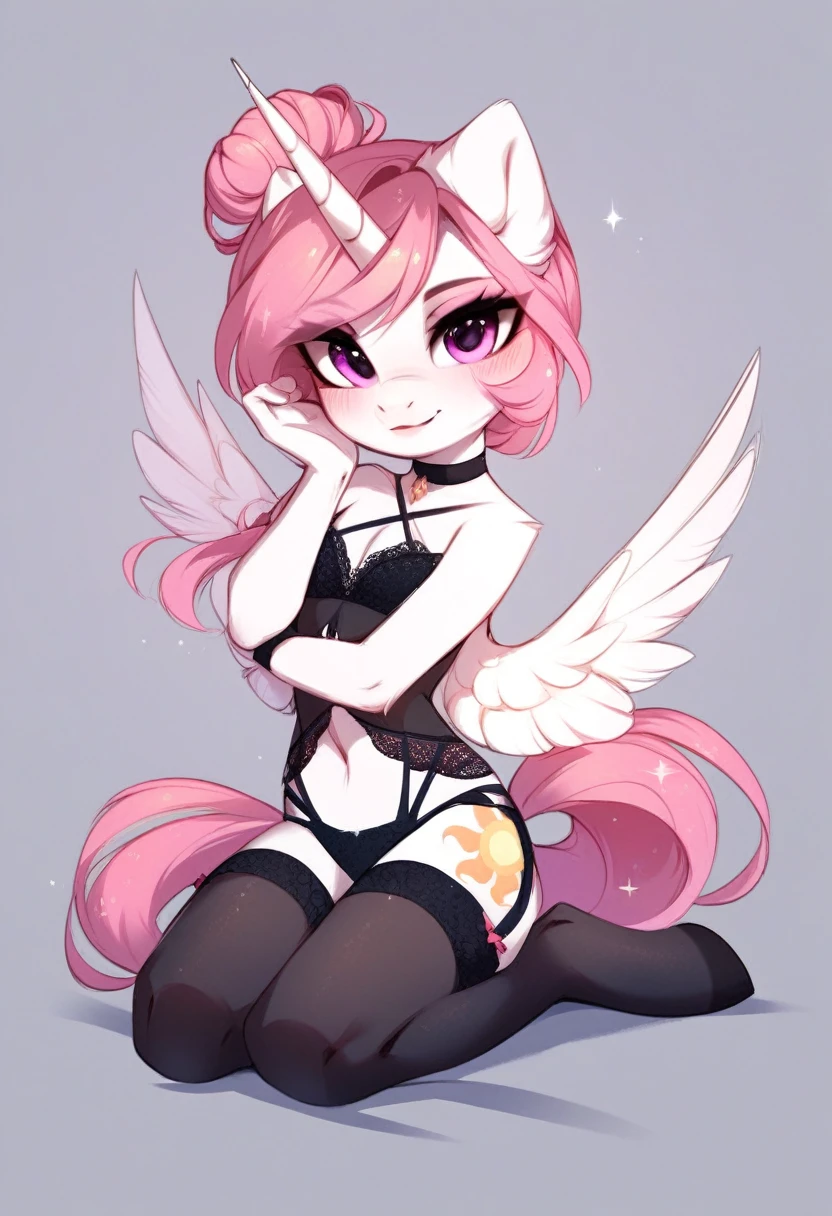 check_9, check_8_up, check_7_up, source_fluffy, rating_safe, from Magnaluna, Celestia poses seductively in a white bedroom, hair bun with bangs, pink eyes, white body, anthro, blushing, wearing goldern lingerie, full body