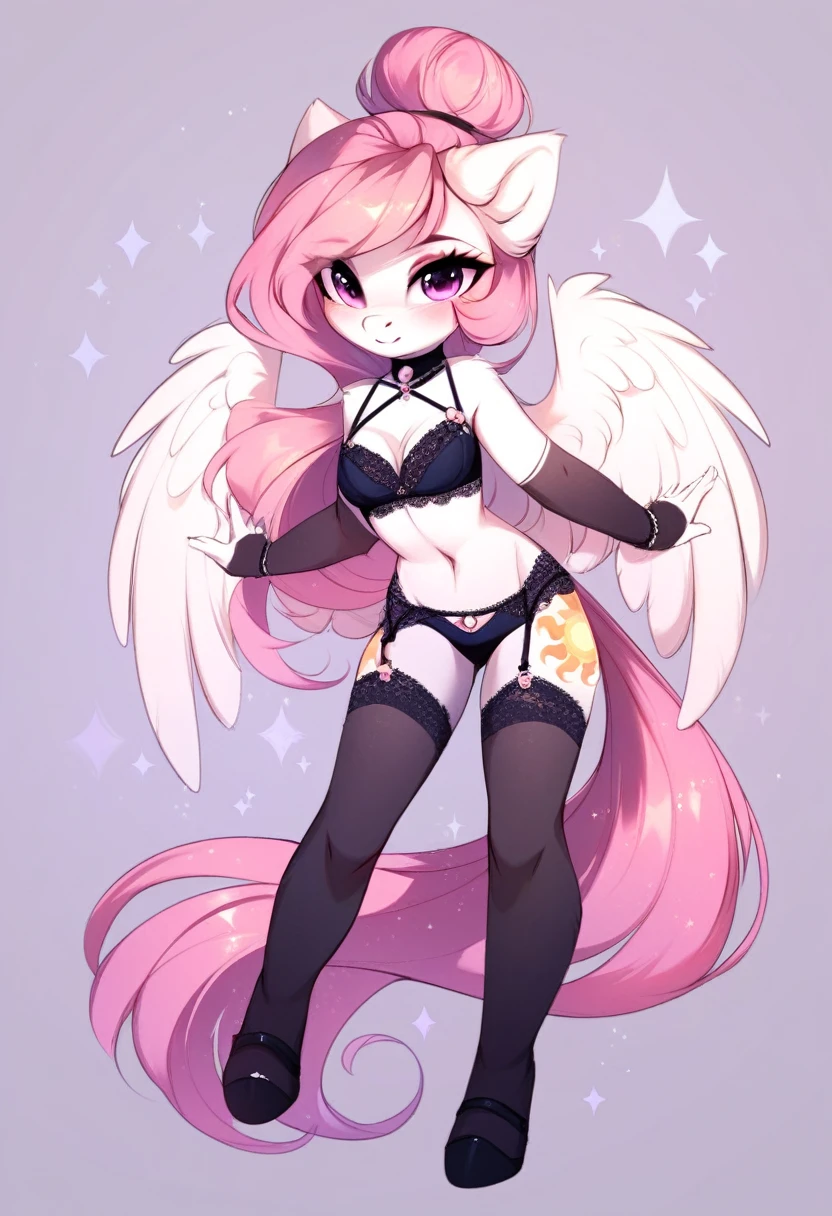 check_9, check_8_up, check_7_up, source_fluffy, rating_safe, from Magnaluna, Celestia poses seductively in a white bedroom, hair bun with bangs, pink eyes, white body, anthro, blushing, wearing goldern lingerie, full body