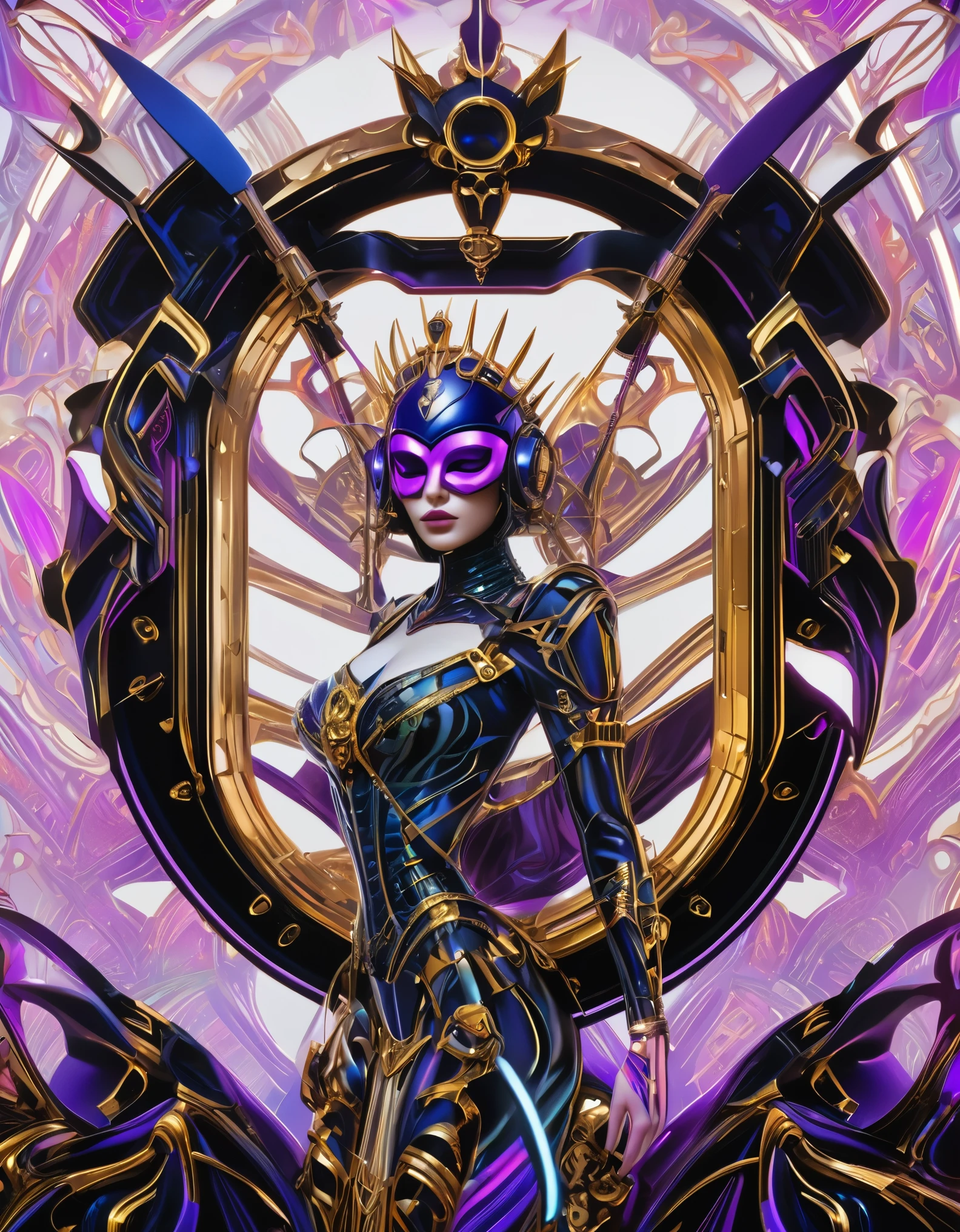 ( High quality , Ultra-detail, carefully with your hand )tarot card, chiaroscuro technique on sensual illustration of an queen of sword, a teenage fashion model wearing an exo-skeleton mask, vibrant colors, futuristic cyberpunk style, intricate details, cinematic lighting, dramatic pose, an elegant complex bio mechanical onyx and gold, intricate details, official art, unity 8k wallpaper, ultra detailed, beautiful and aesthetic, (in a room with black walls illuminated by violet neon lights :1.1)
