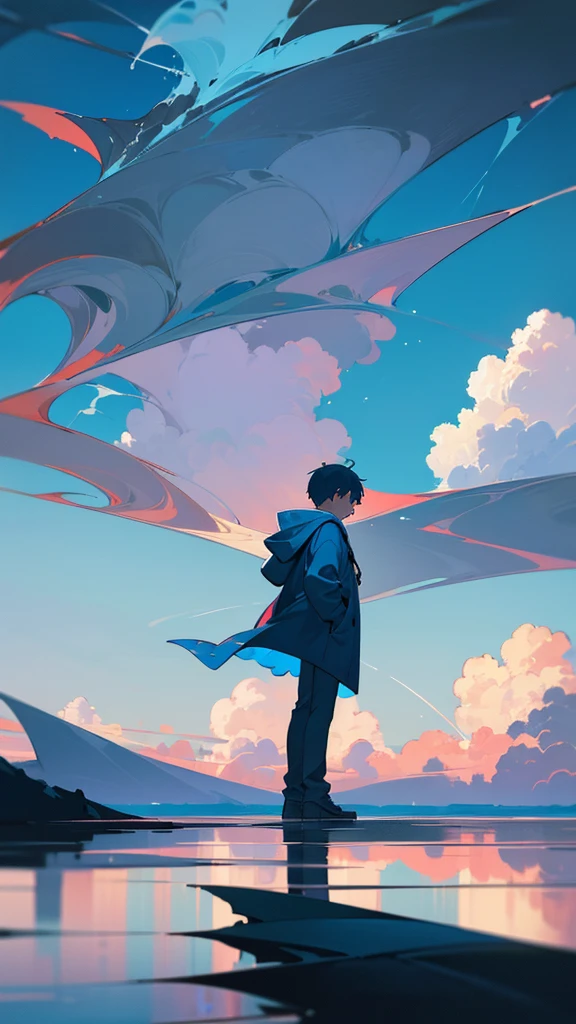 “A boy in a hooded parka walking on water with his back turned to the viewer, set against a bright blue sky with towering cumulonimbus clouds. The sky and clouds are reflected on the water’s surface. The boy appears small, with the focus on the expansive and fantastical landscape, reminiscent of a cinematic scene, rendered in high detail.”