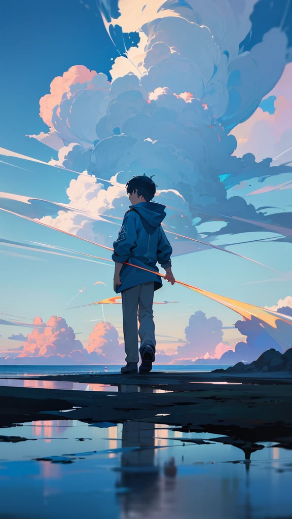 “A boy in a hooded parka walking on water with his back turned to the viewer, set against a bright blue sky with towering cumulonimbus clouds. The sky and clouds are reflected on the water’s surface. The boy appears small, with the focus on the expansive and fantastical landscape, reminiscent of a cinematic scene, rendered in high detail.”