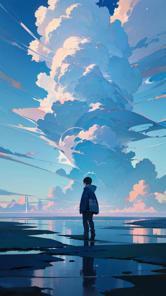 “A boy in a hooded parka walking on water with his back turned to the viewer, set against a bright blue sky with towering cumulonimbus clouds. The sky and clouds are reflected on the water’s surface. The boy appears small, with the focus on the expansive and fantastical landscape, reminiscent of a cinematic scene, rendered in high detail.”