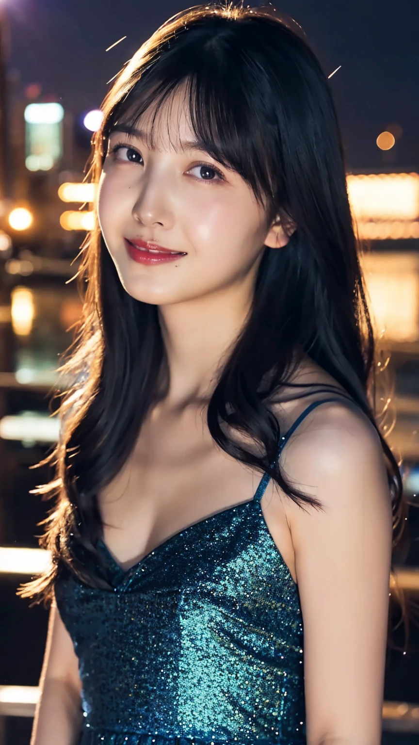 1girl,(wearing a blue glittery evening dress:1.2),(RAW photo, best quality), (realistic, photo-realistic:1.4), masterpiece, an extremely delicate and beautiful, extremely detailed, 2k wallpaper, Amazing, finely detail, extremely detailed CG unity 8k wallpaper, ultra-detailed, highres, soft light, beautiful detailed girl, extremely detailed eyes and face, beautiful detailed nose, beautiful detailed eyes,cinematic lighting,city lights at night,perfect anatomy,slender body,light smile,close up,(long hair with bangs)