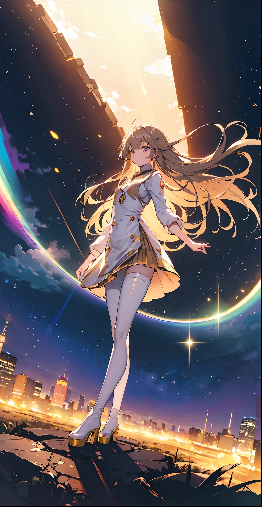 (Maximum resolution),girl, Light brown long hair, Big pink eyes, Otome Kei, Beige pantyhose, Long legs,Platform heeled boots, Perfect skin, A perfect face, The most beautiful thing, super Beautifully, {Extremely detailed 8k CG unit wallpaper}, Wide-ranging landscape photography, (Watch from below,Focus on character and setting), (Broader horizons), (Low angle shot), (emphasize: 1.2), (Low light: 1.5), (Warm light source: 1.6), Intricate details, (Rainbow Colors: 1.2), (Bright Lights), (Atmospheric lighting), Dreamy, magic, Beautifully