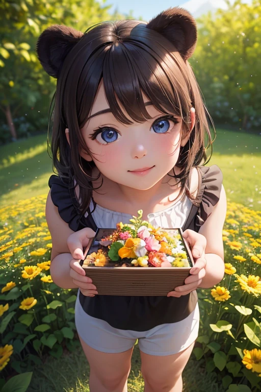 a cute baby brown bear, fat body, holding a gift box, big blue eyes, gentle sweet smile, in a flower garden, photorealistic, 8k, hyperdetailed, (best quality,4k,8k,highres,masterpiece:1.2),ultra-detailed,(realistic,photorealistic,photo-realistic:1.37),HDR,UHD,studio lighting,ultra-fine painting,sharp focus,physically-based rendering,extreme detail description,professional,vivid colors,bokeh