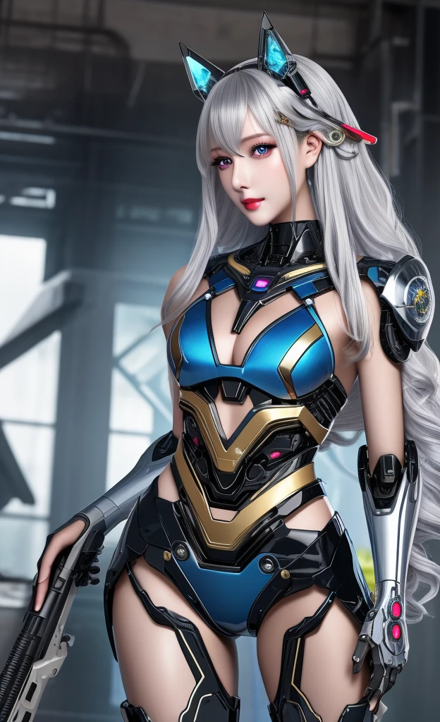 Super Detail, High Detail, high quality, best quality, High resolution，1 female robot，Beautiful female robot,beautiful clear face(Rain waves_haneame：1.5)， Realistic, High resolution, Soft Light,Hips up, (Detailed face), silver hair, long hair, Mecha Maiden, Colorful mechanical parts, mechanical joint, Thick mechanical armor,Weaponry, All metal body, Technology Antenna Hair Accessories
