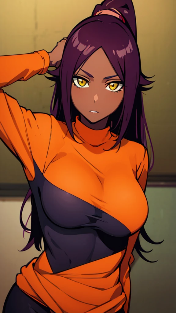 BREAK looking at viewer,BREAK (masterpiece:1.2), best quality, high resolution, unity 8k wallpaper, (illustration:0.8), (beautiful detailed eyes:1.6), extremely detailed face, perfect lighting, extremely detailed CG, (perfect hands, perfect anatomy),yoruichi shihouin, long hair, (yellow eyes:1.5), ponytail, purple hair, dark skin, dark-skinned female,
bodysuit, black bodysuit, bodysuit under clothes, (orange shirt:1.5), long sleeves,