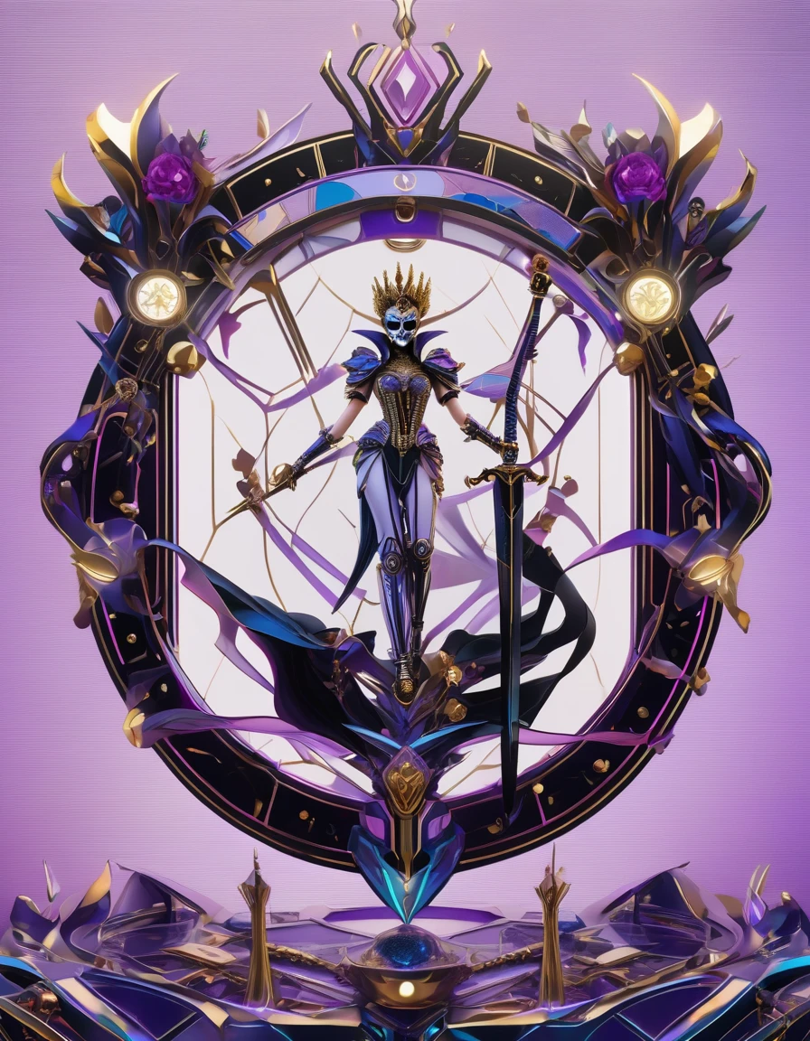 ( High quality , Ultra-detail, carefully with your hand )tarot card, chiaroscuro technique on sensual illustration of an queen of sword, a age fashion model wearing an exo-skeleton mask, vibrant colors, futuristic cyberpunk style, intricate details, cinematic lighting, dramatic pose, an elegant complex bio mechanical onyx and gold, intricate details, official art, unity 8k wallpaper, ultra detailed, beautiful and aesthetic, (in a room with black walls illuminated by violet neon lights :1.1)