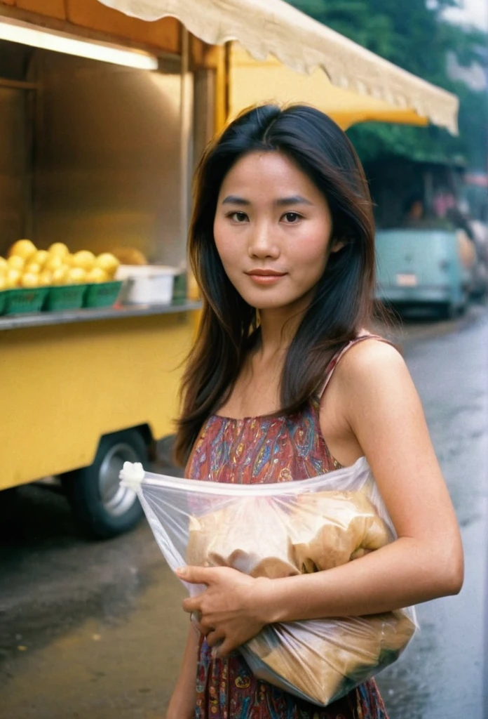 Raining, A shot taken of a beautiful young asian woman in the 1970s, with her hair and clothing from the 1970s, the woman is standing on a sidewalk in 1970s, she is carrying a plastic bag full of groceries, in front of her street food cart, the woman is looking straight at the camera with a lost look and a slight smile, full color with a cinematographic lighting, high definition professional photography style ,photorealistic