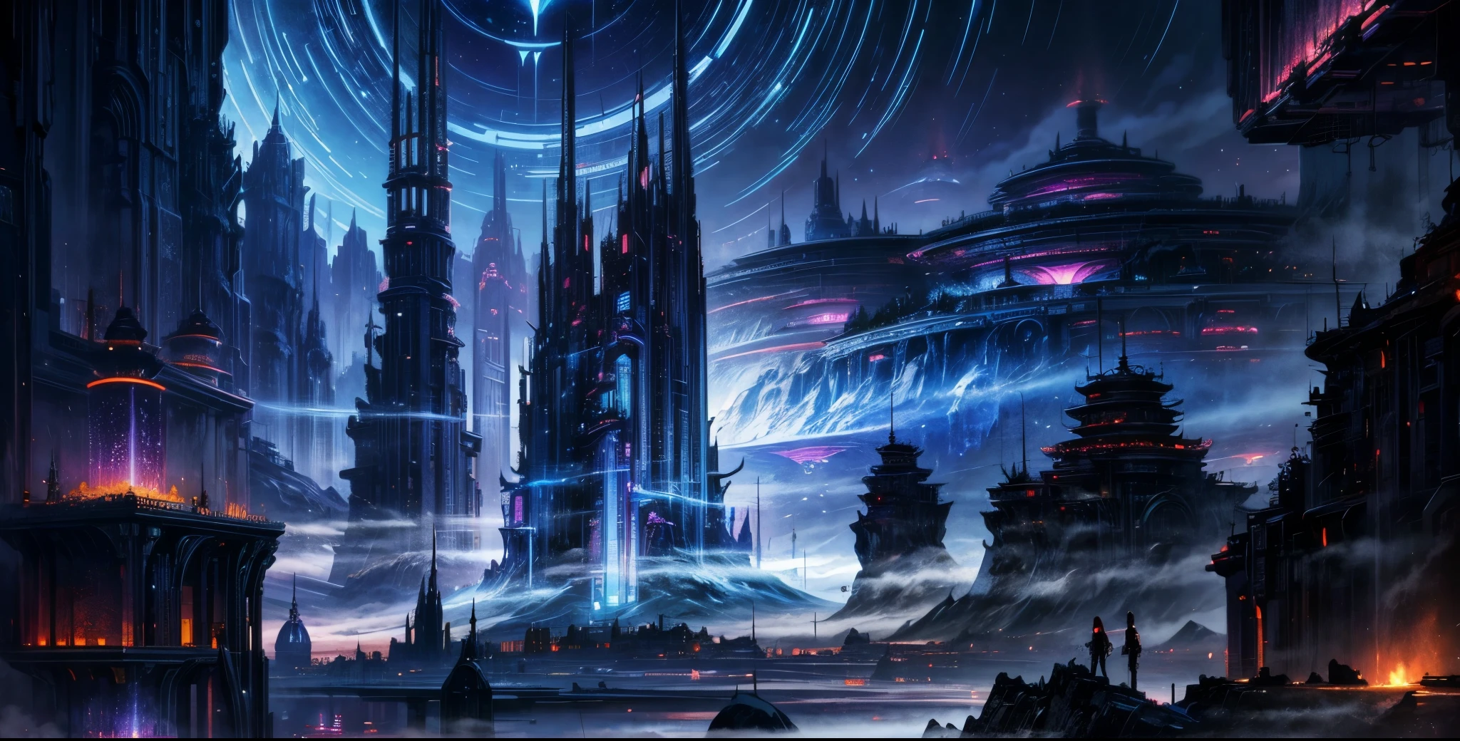 A painting of a Highly detailed, beautiful landscape, Futuristic fantasy city, metropolitan. concept art inspired by Tosa Mitsuoki, pixiv contest winner, best quality, fantasy art, beautiful anime scene, , dream painting, Anime Background Art, Fantasy Landscape Art, Fantasy Night, Anime Background, Background Artwork, Fantastic Art, Atmospheric Anime, Nightime, Starry Sky, Detail Enhanced.