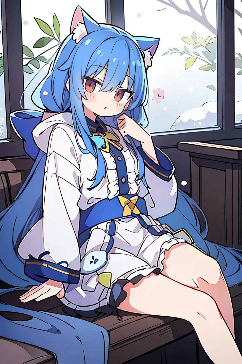 （masterpiece：1.2），Super detailed，lifelike，Expressive eyes，fair skin，perfect face shape，1 girl，
Japanese comics,Gorgeous blue hair,flowing blue hair,flowing clothes,Cat ears,Petals fall,beautiful lola,Baby Angel,
Shaking head with one hand，Cross your legs，Gentle and peaceful background，The pavilion is cool and comfortable,smile, wearing hoodie, In front of the window,snowing