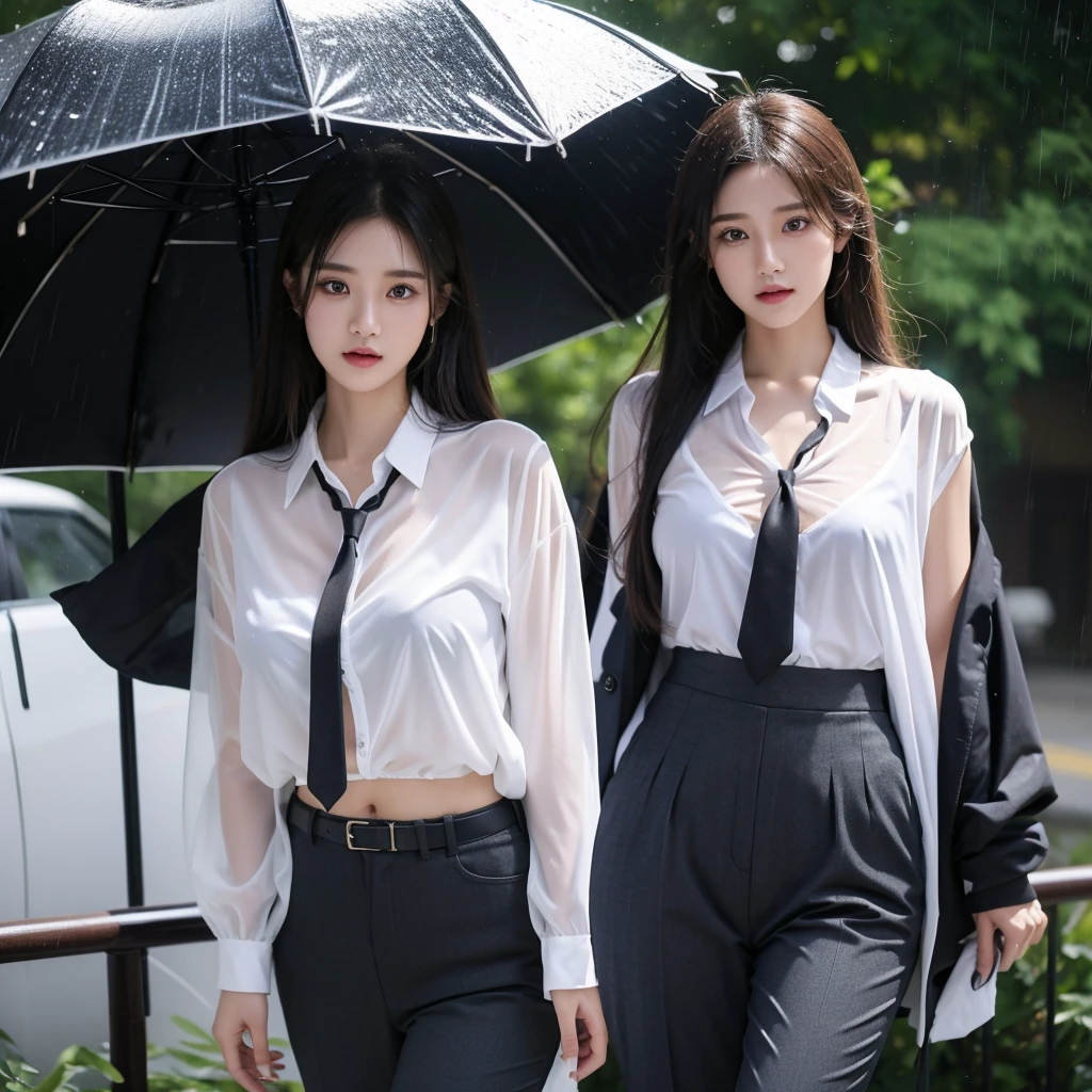 typhoon、Beautiful woman in the rain、雨で濡れたBeautyOL、Detailed face、Realistic、beautiful girl、Beauty、Office Lady Uniform、beauty、Beautiful woman、Narrow waist、Handsome woman、Tight pants look、suit、Sexy pose、タイトなsuitパンツ、雨で濡れたsuit、Wet shirt、See-through shirt、Shot in heavy rain、See-through underwear