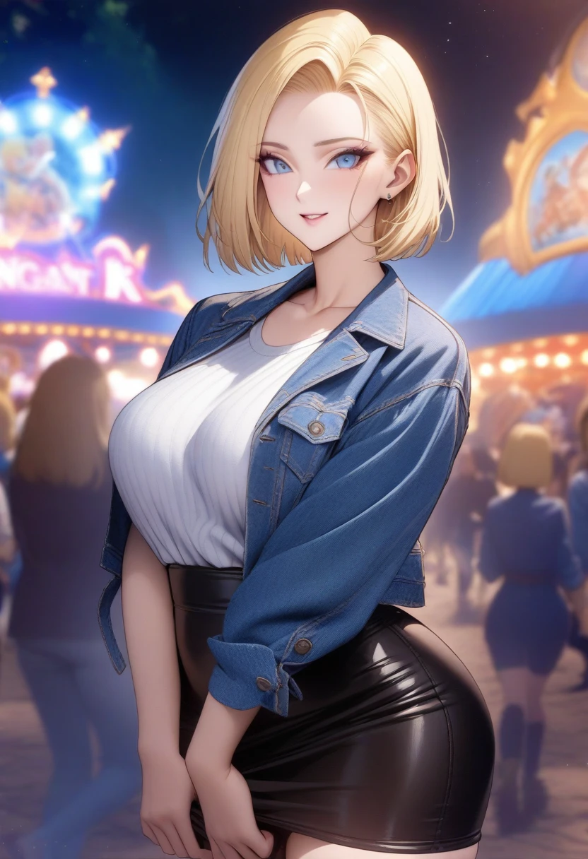 masterpiece, best quality, very aesthetic, absurdres, 1girl, mature_lady, ,,Android 18(Dragon Ball), short hair,blonde hair, blue eyes, blue jacket,,in an amusement_park,blur background,background defocus,stardust,Fantasy Scen,sparkling,midnight