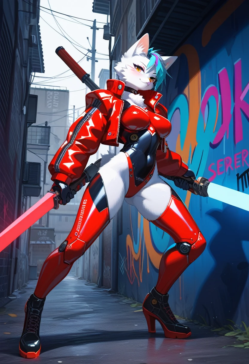 animation, Highest quality, Highest quality, High quality illustrations, masterpiece, Ultra-high resolution, Detailed Background, Alley, night, Graffiti art on the wall, Absurd, Perfect Anatomy, performance, Good lighting, Shadows in the movies(kemono, Furry PersonifiCation), Cat, woman, White Skin, Red Rubber Suit, latex, neon, neonライト, neonカラー, Bodysuits, Cyber Suit, Mech Suit, Rubber Half Jacket, cyber punk, Blade Runner, Holding a blade