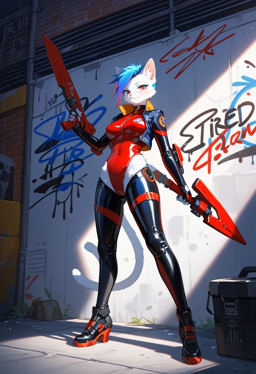 animation, Highest quality, Highest quality, High quality illustrations, masterpiece, Ultra-high resolution, Detailed Background, Alley, night, Graffiti art on the wall, Absurd, Perfect Anatomy, performance, Good lighting, Shadows in the movies(kemono, Furry PersonifiCation), Cat, woman, White Skin, Red Rubber Suit, latex, neon, neonライト, neonカラー, Bodysuits, Cyber Suit, Mech Suit, Rubber Half Jacket, cyber punk, Blade Runner, Holding a blade