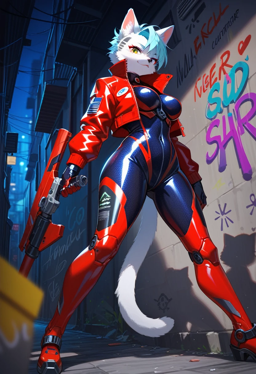 animation, Highest quality, Highest quality, High quality illustrations, masterpiece, Ultra-high resolution, Detailed Background, Alley, night, Graffiti art on the wall, Absurd, Perfect Anatomy, performance, Good lighting, Shadows in the movies(kemono, Furry PersonifiCation), Cat, woman, White Skin, Red Rubber Suit, latex, neon, neonライト, neonカラー, Bodysuits, Cyber Suit, Mech Suit, Rubber Half Jacket, cyber punk, Blade Runner, Holding a blade