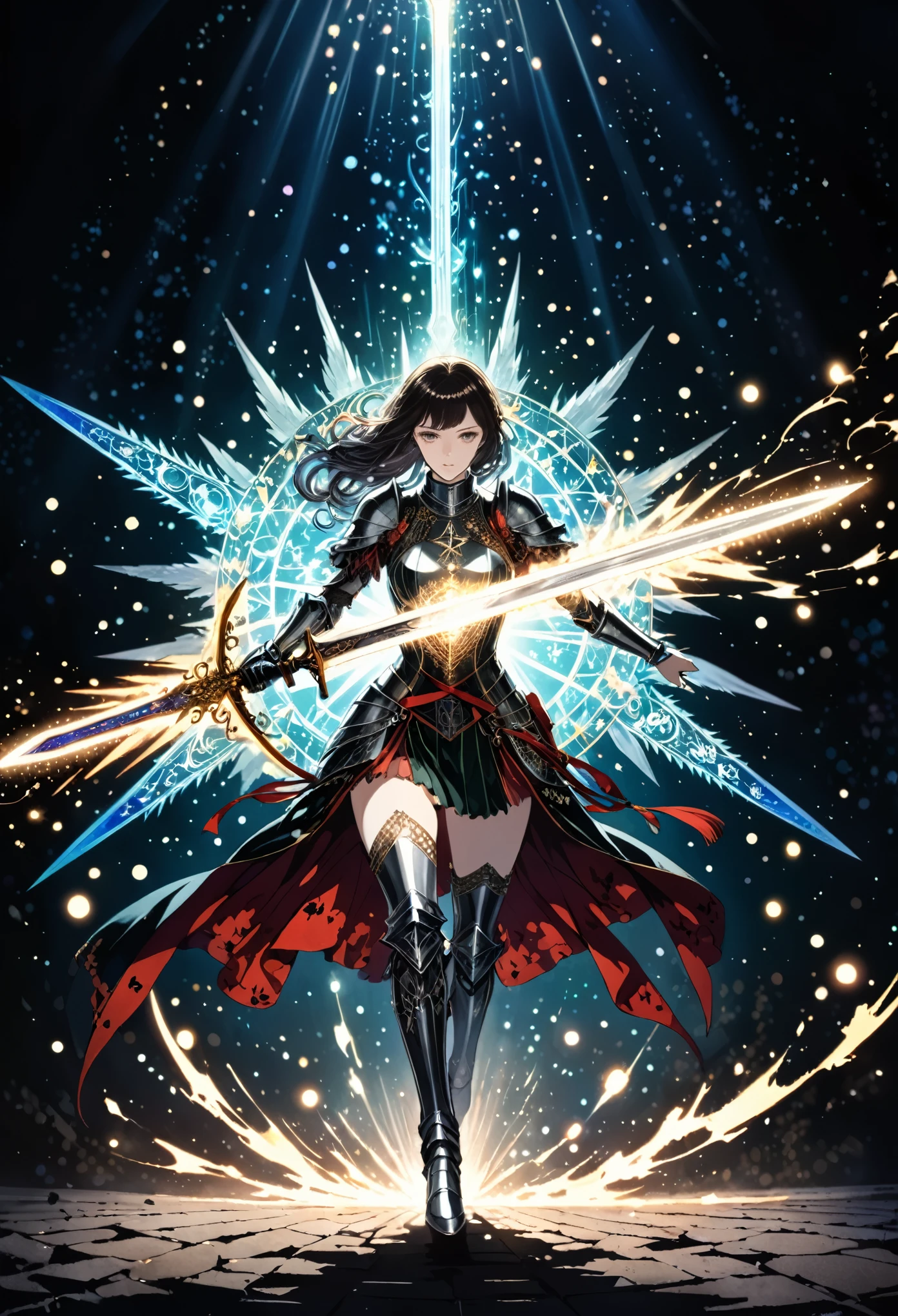 in style of Harry Clarke,best quality, masterpiece, high resolution, 1girl,knight,Magic array special effects,Pentagram,Sword light particle burst,(((Running action,Bend and sprint,Holding the greatsword in both hands))),Shines brightly,Tyndall effect,Reality, Dark Studio, Edge lighting, Two-tone lighting,(High Detail Skin:1.2), 8K uhd, Digital SLR Camera, Soft lighting, high quality, Volumetric Lighting, frank, photo, high resolution, 4K, 8K, (((Bokeh, Motion Blur,blur background))),Particle foreground scattering,