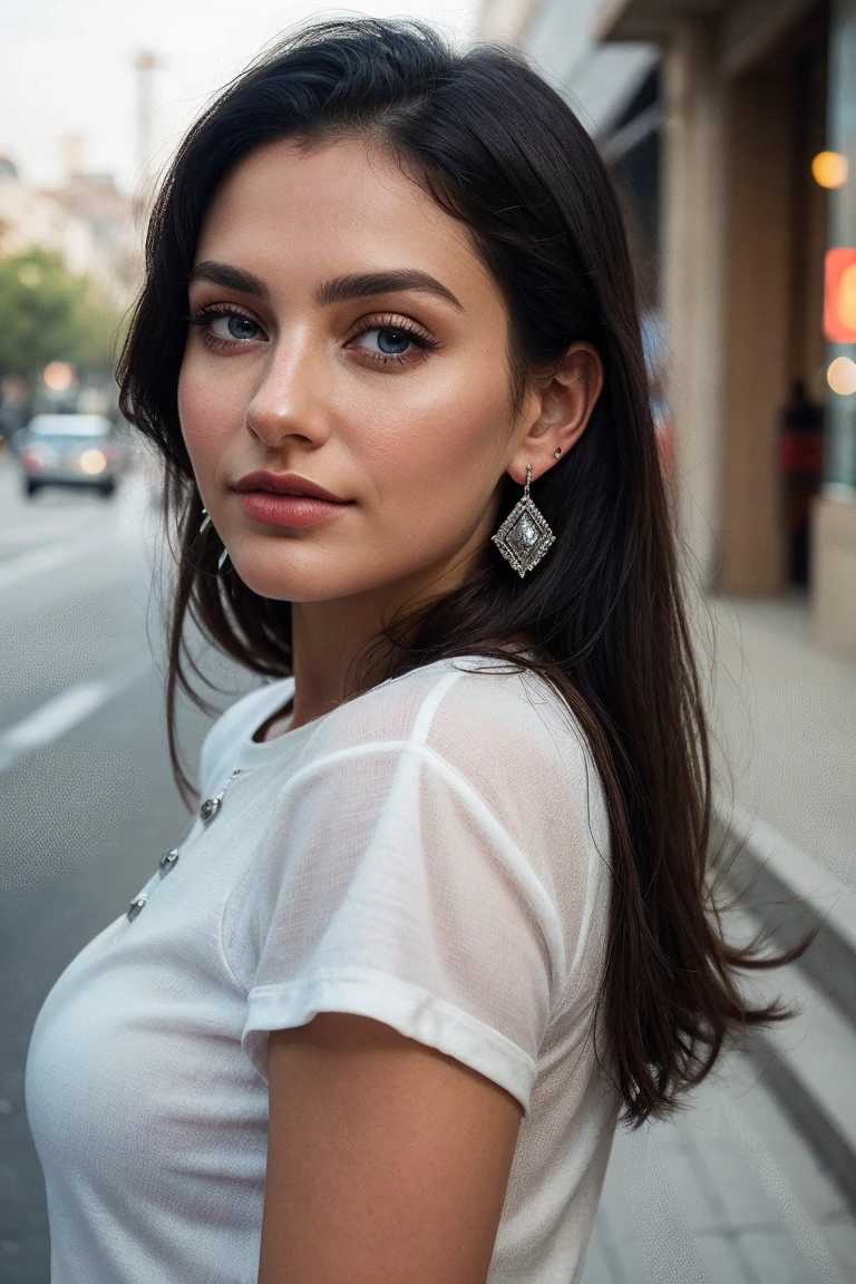 (Masterpiece, Best Quality), intricate details, realist, photorealist, a closeup of a woman wearing earrings, inspired by Emma Andijewska, wrapped in crystals, silver color, long aretes, sandra chevier, huge earrings, 2019, blue-eyed, platinum jewelry, arete, impeccable structure, payment methods,