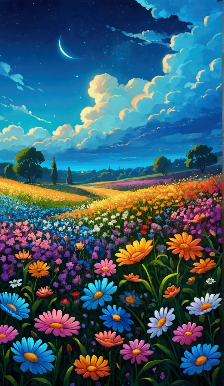 painting of a field full of colorful flowers under a blue sky, meadow background, blue flower field, field of flowers at night, field of fantasy flowers, field flowers, flowers background, field of flowers background, night sky full of flowers, field of mixed flowers, grass and flowers, an aesthetic field of flowers, field of flowers, meadow with flowers, field of wild flowers, 4k professional painting, game, detailed key anime art, illustation, a beautiful artwork illustration, beautiful digital painting, highly detailed digital painting, beautiful digital artwork, detailed painting 4 k, very detailed digital painting, rich picturesque colors, gorgeous digital painting