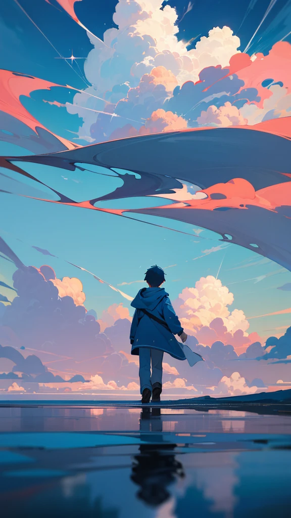 “A boy in a hooded parka walking on water with his back turned to the viewer, set against a bright blue sky with towering cumulonimbus clouds. The sky and clouds are reflected on the water’s surface. The boy appears small, with the focus on the expansive and fantastical landscape, reminiscent of a cinematic scene, rendered in high detail.”