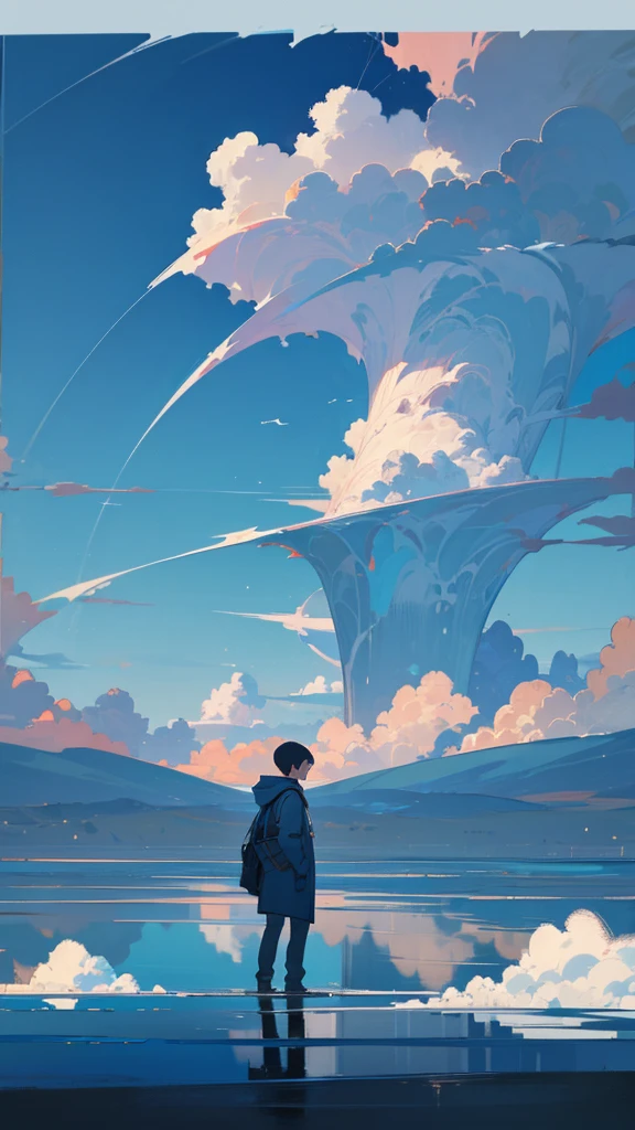 “A boy in a hooded parka walking on water with his back turned to the viewer, set against a bright blue sky with towering cumulonimbus clouds. The sky and clouds are reflected on the water’s surface. The boy appears small, with the focus on the expansive and fantastical landscape, reminiscent of a cinematic scene, rendered in high detail.”