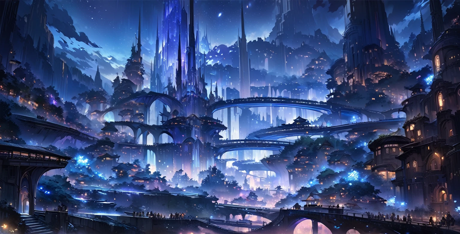 A painting of a Highly detailed, beautiful landscape, Futuristic fantasy city, metropolitan. concept art inspired by Tosa Mitsuoki, pixiv contest winner, best quality, fantasy art, beautiful anime scene, , dream painting, Anime Background Art, Fantasy Landscape Art, Fantasy Night, Anime Background, Background Artwork, Fantastic Art, Atmospheric Anime, Nightime, Starry Sky, Detail Enhanced.
