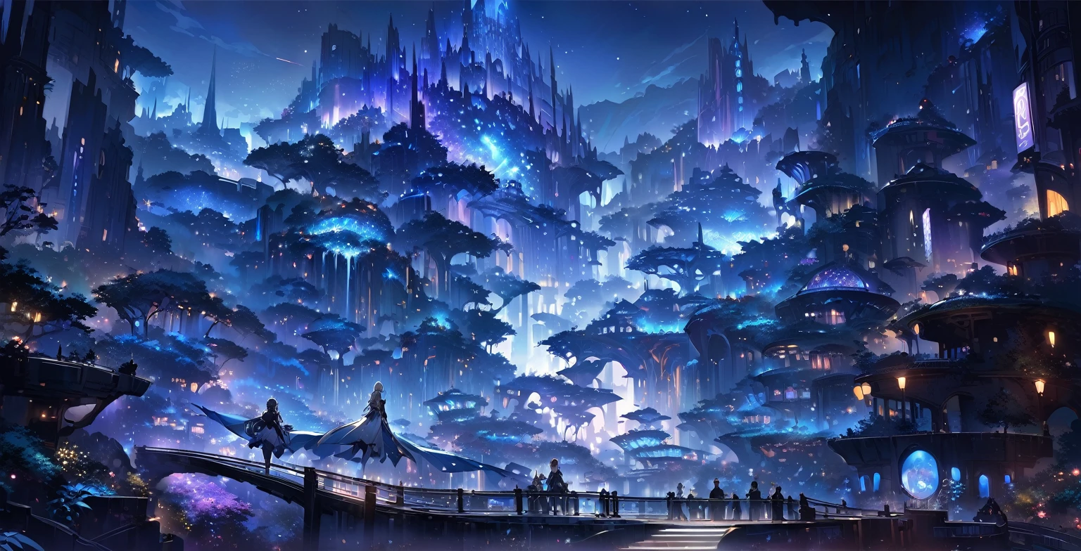 A painting of a Highly detailed, beautiful landscape, Futuristic fantasy city, metropolitan. concept art inspired by Tosa Mitsuoki, pixiv contest winner, best quality, fantasy art, beautiful anime scene, , dream painting, Anime Background Art, Fantasy Landscape Art, Fantasy Night, Anime Background, Background Artwork, Fantastic Art, Atmospheric Anime, Nightime, Starry Sky, Detail Enhanced.