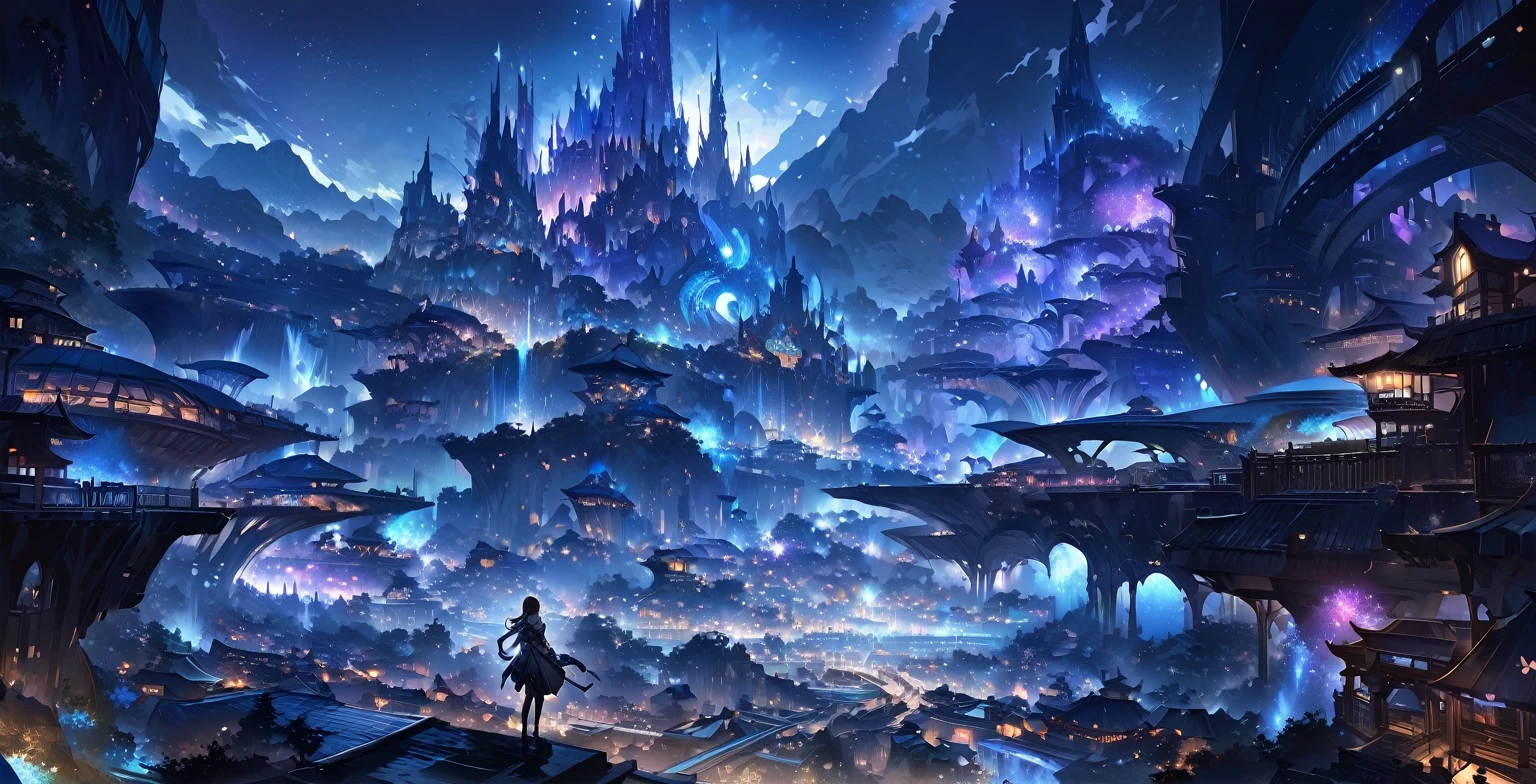 A painting of a Highly detailed, beautiful landscape, Futuristic fantasy city, metropolitan. concept art inspired by Tosa Mitsuoki, pixiv contest winner, best quality, fantasy art, beautiful anime scene, , dream painting, Anime Background Art, Fantasy Landscape Art, Fantasy Night, Anime Background, Background Artwork, Fantastic Art, Atmospheric Anime, Nightime, Starry Sky, Detail Enhanced.
