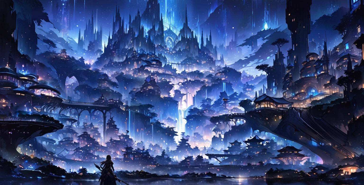 A painting of a Highly detailed, beautiful landscape, Futuristic fantasy city, metropolitan. concept art inspired by Tosa Mitsuoki, pixiv contest winner, best quality, fantasy art, beautiful anime scene, , dream painting, Anime Background Art, Fantasy Landscape Art, Fantasy Night, Anime Background, Background Artwork, Fantastic Art, Atmospheric Anime, Nightime, Starry Sky, Detail Enhanced.