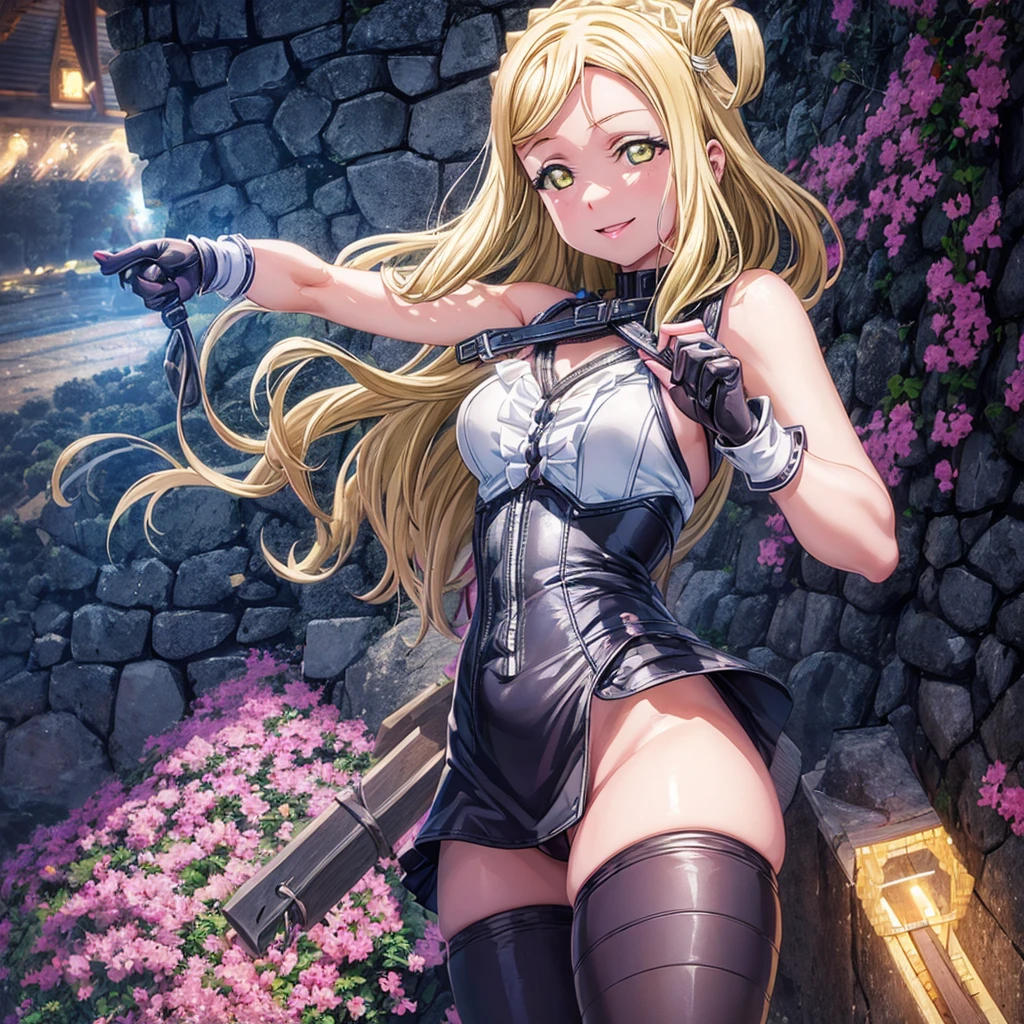 (((Pixel Perfect,Perfect in every detail))), alone,A girl around 15 years old,smile,,NSWF,lovely,Mari Ohara，Leather whip，Holding a whip，Open your mouth