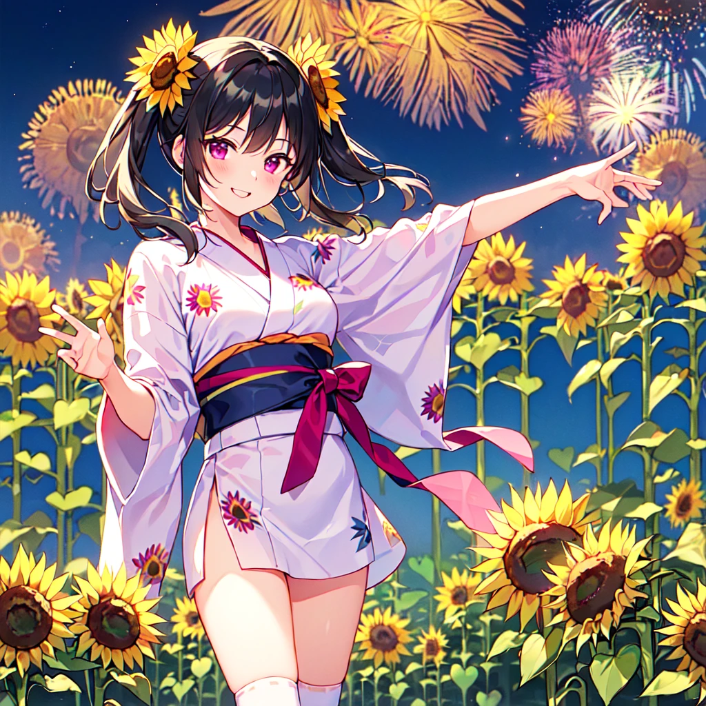 masterpiece, best quality, high quality, extremely detailed, very delicate and beautiful, (1 female 18 years old solo:1.5), (long black hair up to waist with two side up:1.5), bangs to eyebrows, eyes Eyebrows are glossy, (eye color: magenta: 1.3), 6.5 head height, (yukata with sunflower fireworks print: 1.3), knee socks, lace, frills, (smiling), (standing: 1.3), (smiling), (dynamic pose), (background sunflower flower field: 1.3), (sunflowers Lots and Lots of Night: 1.3)