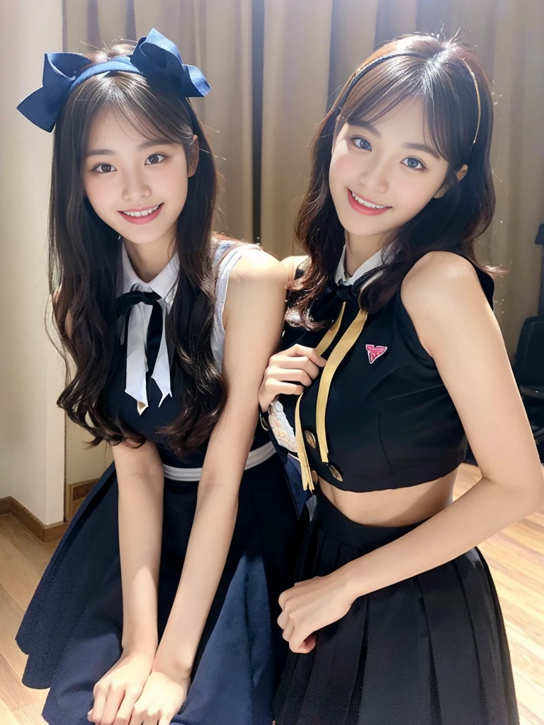 (Super cute Korean high school girls duo take photos 1.2)(grin,Smile)(Beautiful Sweat:1.1)(16K, RAW Photos, Highest quality, masterpiece: 1.2),(Beautiful short bob hair with even bangs, black hair) Super detailed, Super Resolution, (Genuine, Genuine photos: 1.37), Portraiture, High-resolution RAW color photos, Professional photos, Very detailed, 8k wallpaper, Very detailed CG Unity 8k wallpaper, Very detailed beautiful girls, Very detailed faces, ((whole body)), beautiful woman, Huge breasts,(huge boobs:1.1) (Big Boobs:1.1), Beauty college student (A tight, girly, navy sleeveless with ribbon),high school girl, Korean Girls,(K-POP Female Idols), (Idol-class beauty)(Beautiful high school girl:1.1)(Disneyland)(18-year-old)(Stylish school uniform-style outfit:1.1)(Group photo:1.1)(Disney headbands:1.0)