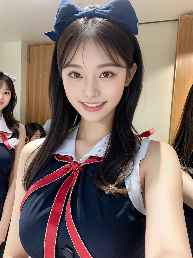 (Super cute Korean high school girls duo take photos 1.2)(grin,Smile)(Beautiful Sweat:1.1)(16K, RAW Photos, Highest quality, masterpiece: 1.2),(Beautiful short bob hair with even bangs, black hair) Super detailed, Super Resolution, (Genuine, Genuine photos: 1.37), Portraiture, High-resolution RAW color photos, Professional photos, Very detailed, 8k wallpaper, Very detailed CG Unity 8k wallpaper, Very detailed beautiful girls, Very detailed faces, ((whole body)), beautiful woman, Huge breasts,(huge boobs:1.1) (Big Boobs:1.1), Beauty college student (A tight, girly, navy sleeveless  with ribbon),high school girl, Korean Girls,(K-POP Female Idols), (Idol-class beauty)(Beautiful high school girl:1.1)(Disneyland)(18-year-old)(Stylish school uniform-style outfit:1.1)(Group photo:1.1)(Disney headbands:1.0)