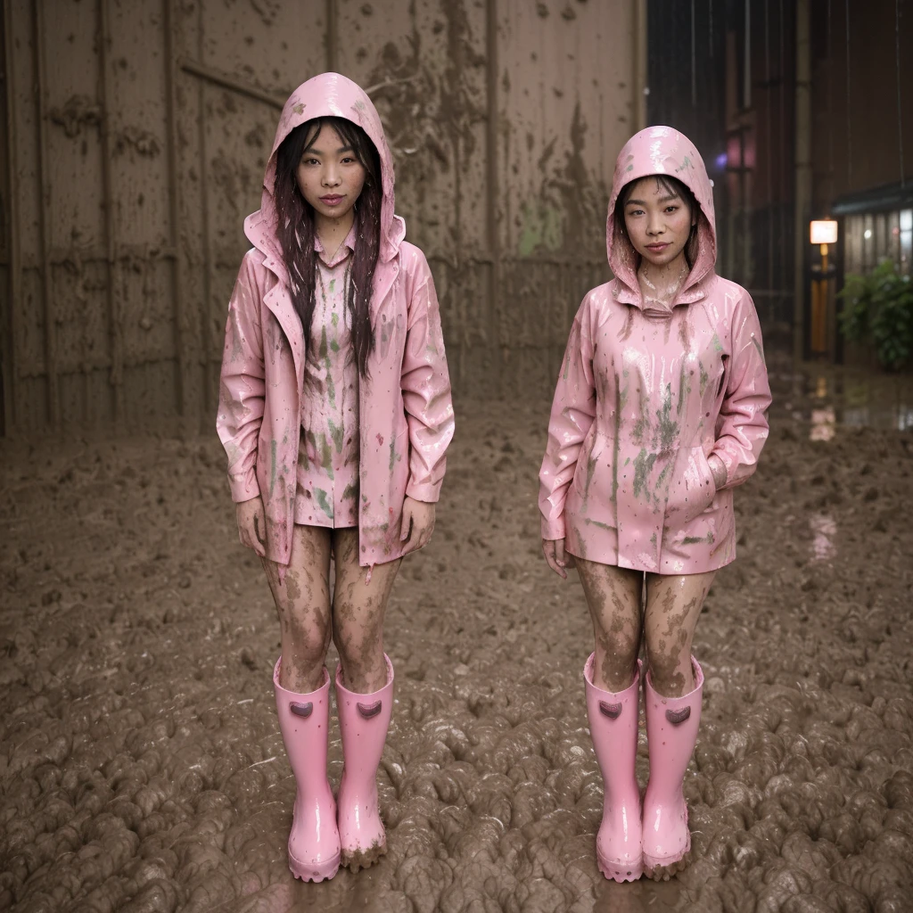 asian lady, cute pose, ((long pink buttoned up raincoat)), ((wearing raincoat hood)), (((tall pink hunter rain boots))), ((((muddy splatters)))), ((mud dripping down raincoat)), (((rainy night city street))), intricate details, highly detailed, masterpiece, 8k, photorealistic, cinematic lighting, vibrant colors, soft focus, elegant, feminine, beautiful, serene, graceful