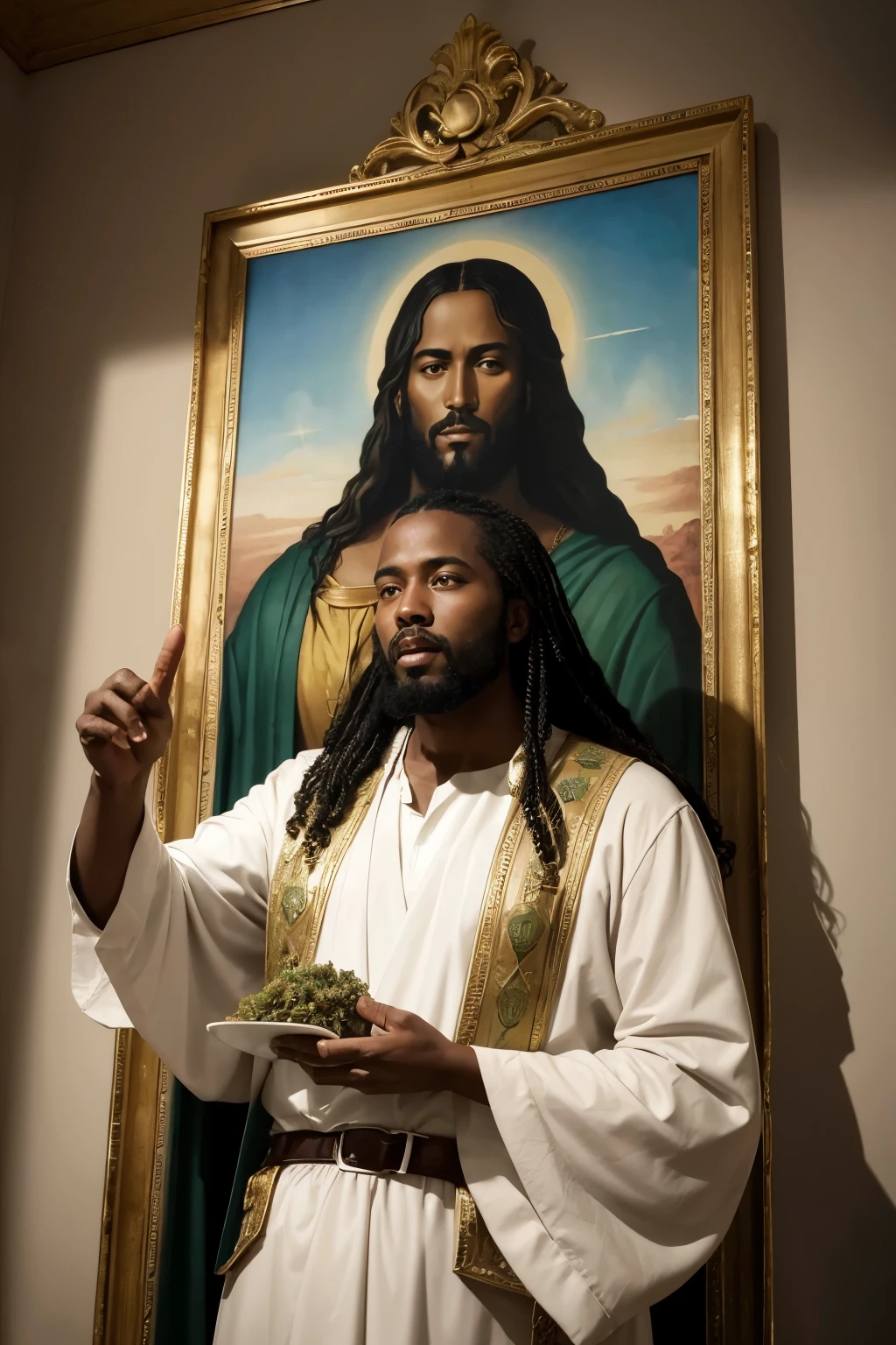 ((best qualityer)), (realisitic), (detailded), black jesus christ, tunica, with anointing oil, marihuana, Cannabis sativa, levando a cura da marihuana, 