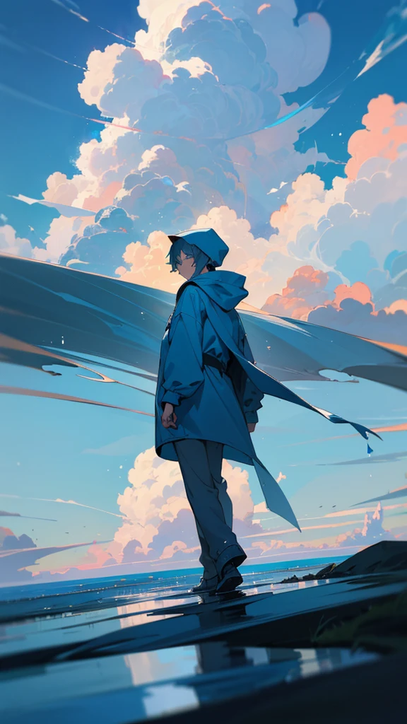“A boy in a hooded parka walking on water with his back turned to the viewer, set against a bright blue sky with towering cumulonimbus clouds. The sky and clouds are reflected on the water’s surface. The boy appears small, with the focus on the expansive and fantastical landscape, reminiscent of a cinematic scene, rendered in high detail.”
