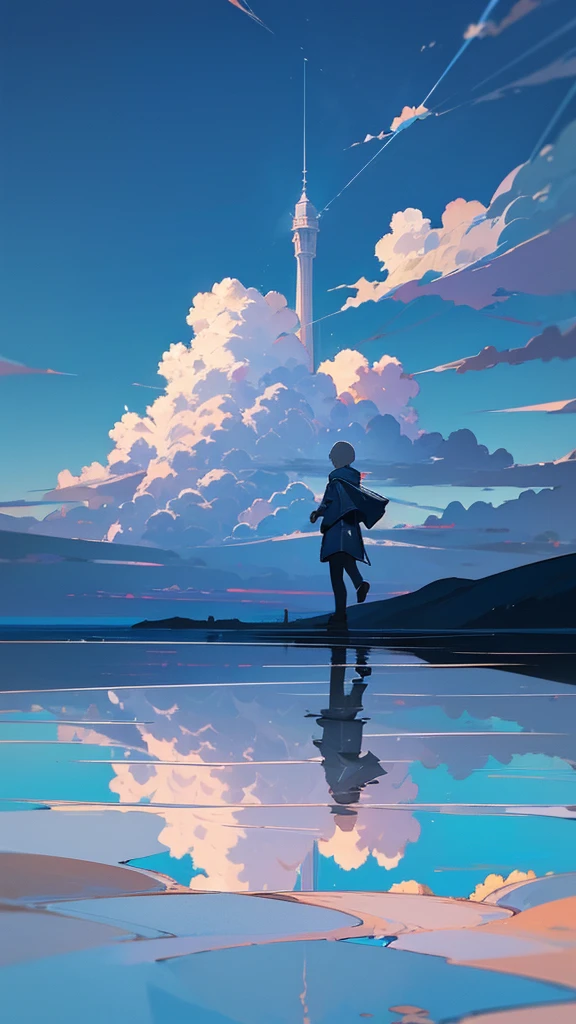 “A boy in a hooded parka walking on water with his back turned to the viewer, set against a bright blue sky with towering cumulonimbus clouds. The sky and clouds are reflected on the water’s surface. The boy appears small, with the focus on the expansive and fantastical landscape, reminiscent of a cinematic scene, rendered in high detail.”