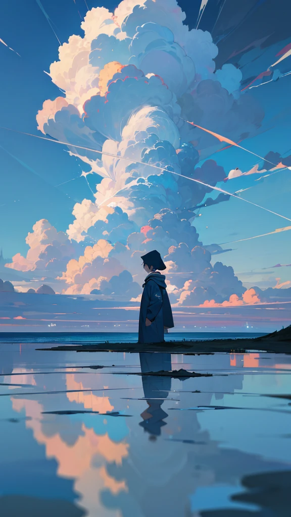 “A boy in a hooded parka walking on water with his back turned to the viewer, set against a bright blue sky with towering cumulonimbus clouds. The sky and clouds are reflected on the water’s surface. The boy appears small, with the focus on the expansive and fantastical landscape, reminiscent of a cinematic scene, rendered in high detail.”