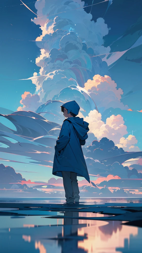 “A boy in a hooded parka walking on water with his back turned to the viewer, set against a bright blue sky with towering cumulonimbus clouds. The sky and clouds are reflected on the water’s surface. The boy appears small, with the focus on the expansive and fantastical landscape, reminiscent of a cinematic scene, rendered in high detail.”