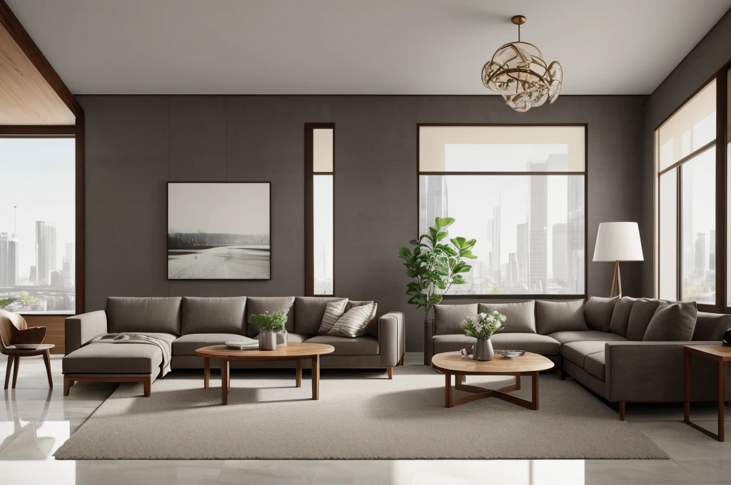 Brown sofa,coffee table,matte marble floor,grey carpet,vase,wooden wall cabinet,mural,single sofa,dining table,tableware,decorations,sunlight,floor-to-ceiling Windows,Light luxury and simple style,strong sense of reality,rich detail,masterpiece,ultra clear quality,qingshe, UHD, Ultra HD, 8K, super realistic
