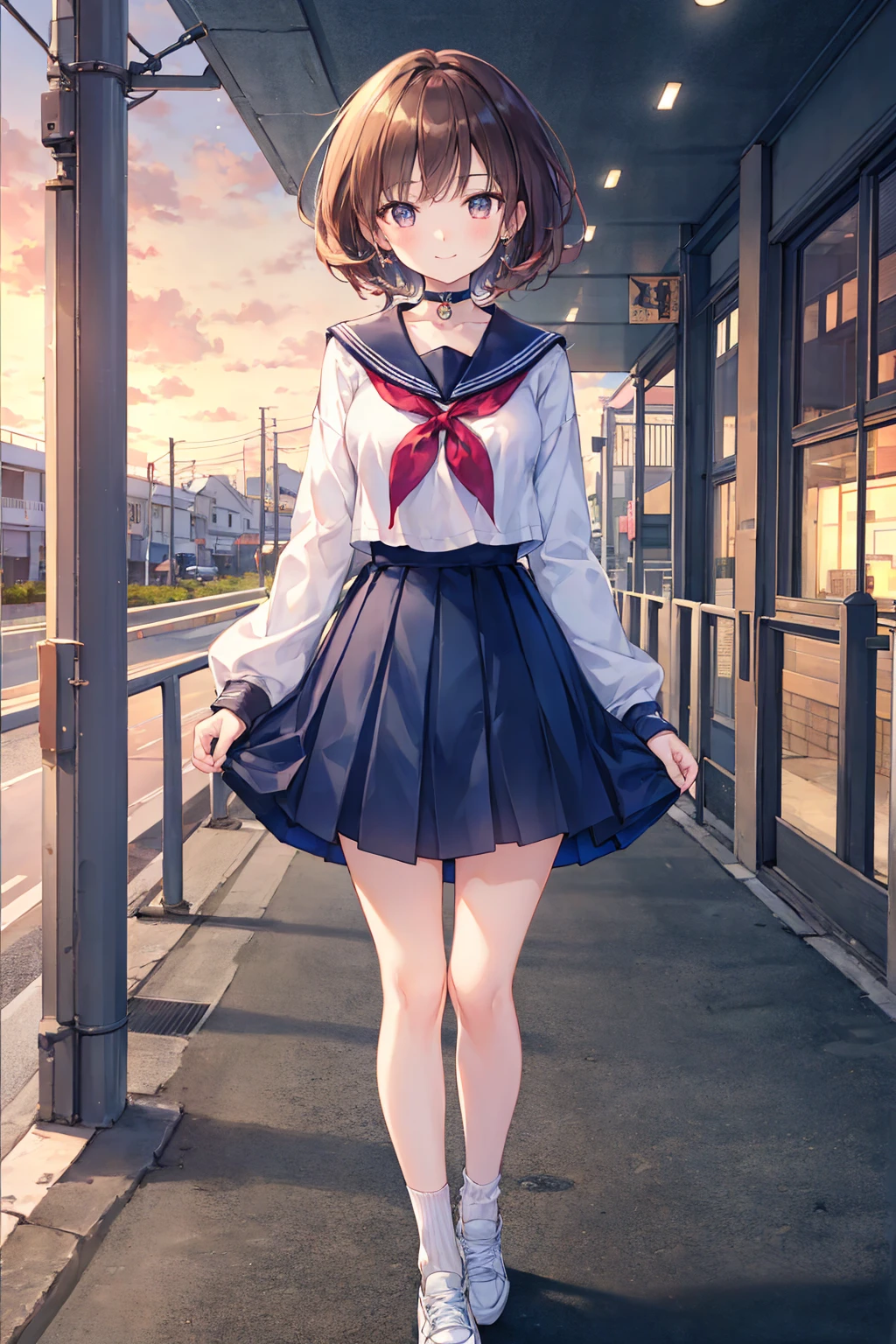 (masterpiece: 1.3),(Highest quality:1.4),超High resolution,(Detailed eyes),(Detailed facial features),(Detailed clothing features),High resolution,8k resolution, Ground Focus, bangs, Firm Skin, (Glowing Skin ),(Slender girl),dream-like, (Very detailedイラスト),Check the comments,Please leave a comment,scenery,No text, Virtual Girl Lynn, Happy, smile, (Small breasts), bangs, Bob Hair, short hair, Brown Hair, Brown eyes, Black choker, One girl, student, high school, white , Sailor suit, Dark red pleated skirt, socks, sneakers,((Highest quality)), (Very detailed), (High-definition CG synthesis 8K wallpaper), 高いly detailed, 高い-definition raw color photos, Professional photography, (((Bokeh))), Written boundary depth,