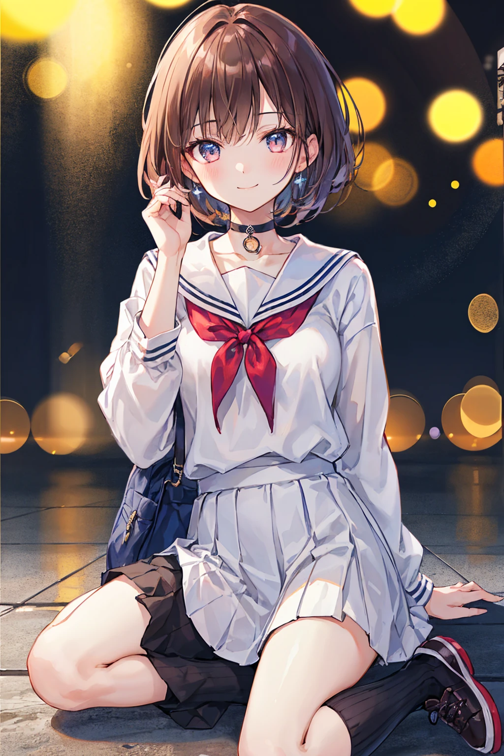 (masterpiece: 1.3),(Highest quality:1.4),超High resolution,(Detailed eyes),(Detailed facial features),(Detailed clothing features),High resolution,8k resolution, Ground Focus, bangs, Firm Skin, (Glowing Skin ),(Slender girl),dream-like, (Very detailedイラスト),Check the comments,Please leave a comment,scenery,No text, Virtual Girl Lynn, Happy, smile, (Small breasts), bangs, Bob Hair, short hair, Brown Hair, Brown eyes, Black choker, One girl, student, high school, white , Sailor suit, Dark red pleated skirt, socks, sneakers,((Highest quality)), (Very detailed), (High-definition CG synthesis 8K wallpaper), 高いly detailed, 高い-definition raw color photos, Professional photography, (((Bokeh))), Written boundary depth,