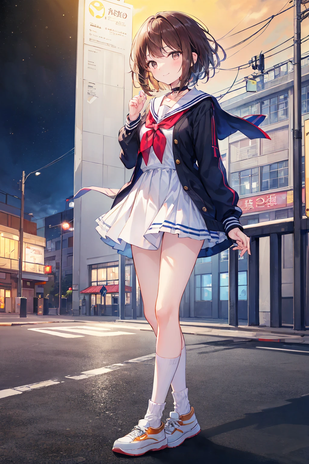 (masterpiece: 1.3),(Highest quality:1.4),超High resolution,(Detailed eyes),(Detailed facial features),(Detailed clothing features),High resolution,8k resolution, Ground Focus, bangs, Firm Skin, (Glowing Skin ),(Slender girl),dream-like, (Very detailedイラスト),Check the comments,Please leave a comment,scenery,No text, Virtual Girl Lynn, Happy, smile, (Small breasts), bangs, Bob Hair, short hair, Brown Hair, Brown eyes, Black choker, One girl, student, high school, white , Sailor suit, Dark red pleated skirt, socks, sneakers,((Highest quality)), (Very detailed), (High-definition CG synthesis 8K wallpaper), 高いly detailed, 高い-definition raw color photos, Professional photography, (((Bokeh))), Written boundary depth,