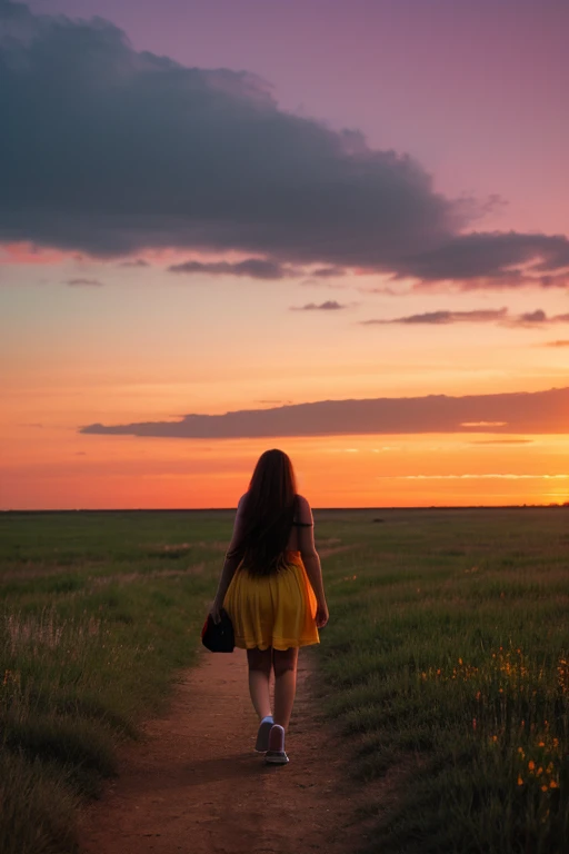 a teenage girl, with long hair and dressed in a , chubby girl, on your back looking towards a sunset. You can see more of the sky and orange, yellow and red predominate a lot.