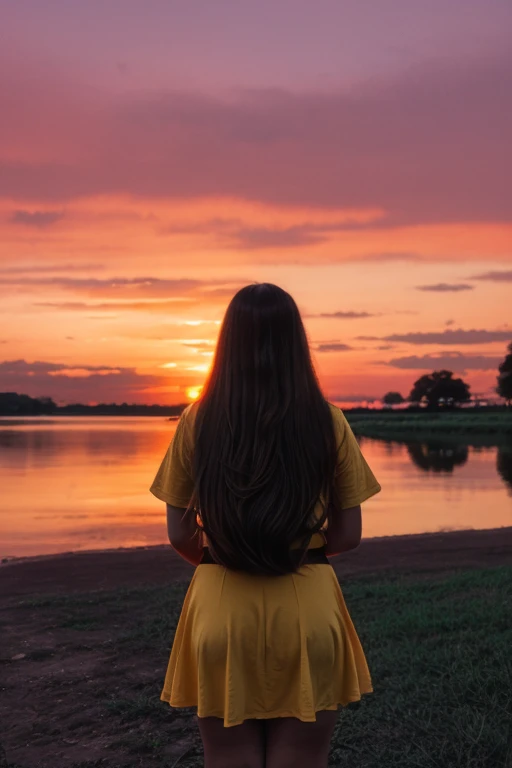 a teenage girl, with long hair and dressed in a , chubby girl, on your back looking towards a sunset. You can see more of the sky and orange, yellow and red predominate a lot.